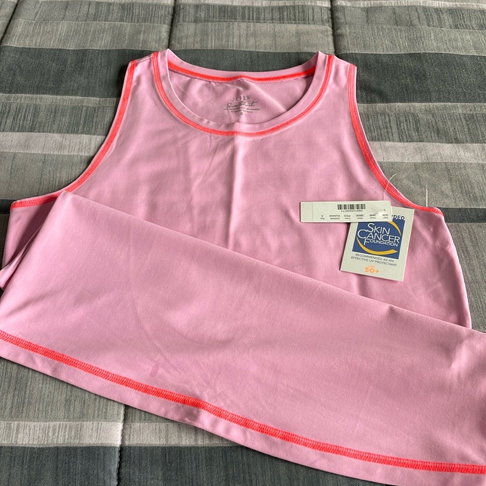J Crew Sleeveless Sun Shirt in Frosted Pink with Neon Coral trim size Small - Picture 2 of 3